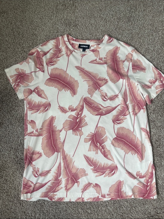 Express Other - Men’s Express White Tee with Dusty Pink Feather Motif
